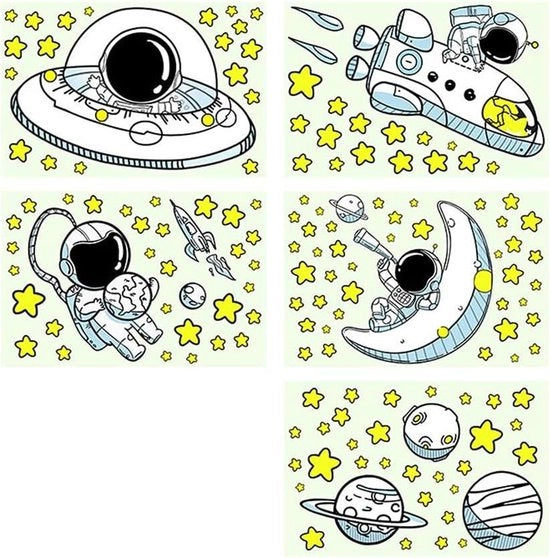 Sticker da Parete a Luce Nera per Bambino Giardino Soggiorno - Tema Spazio - Set da 5