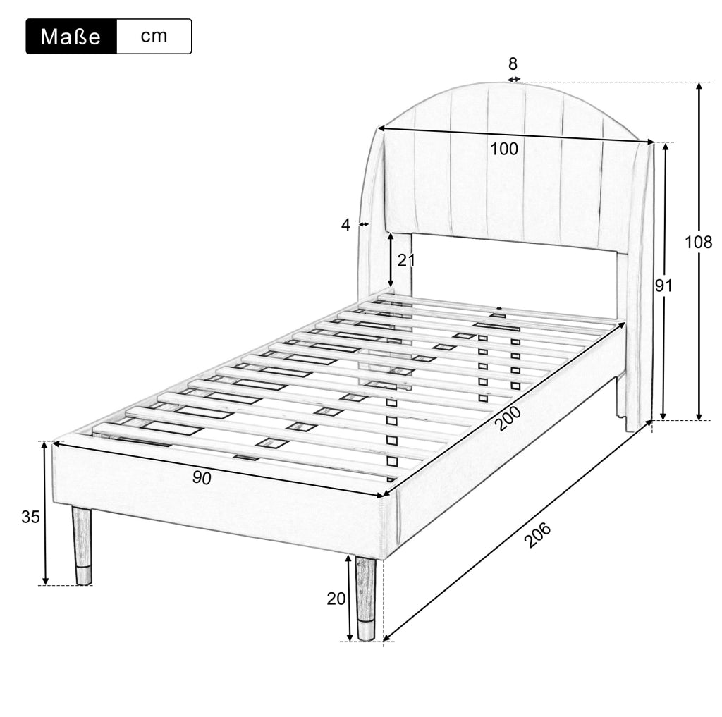 Letto imbottito 90x200 cm con rete a doghe e testiera in velluto rosa