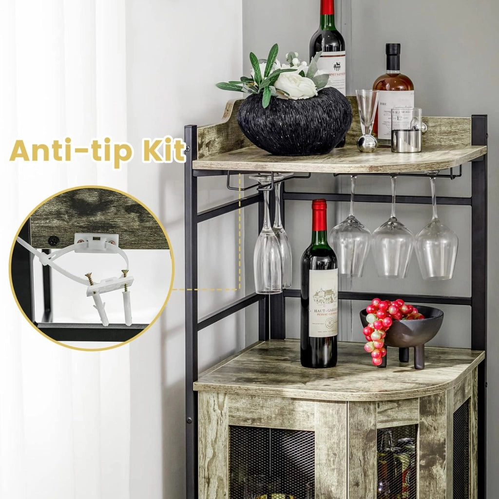 Armadietto angolare da bar con supporto in vetro, armadietto industriale per vino con ante in rete metallica e ripiano regolabile, armadietto da buffet con kit anti-ribaltamento, per casa