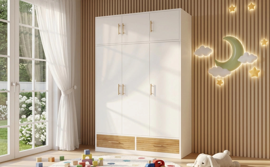 Armadio a 3 ante con vani superiori, asta appendiabiti e 2 cassetti, 120x50x180 cm, bianco