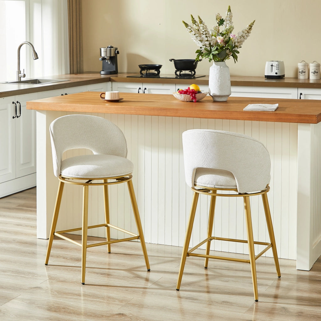 Sgabelli da Bar Girevoli in Chenille ¨C MINIMAL ¨C Set 2 Pezzi, Struttura in Metallo Oro