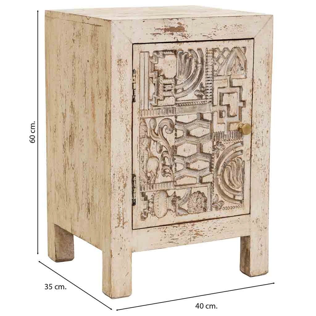 Comodino in legno intagliato a mano beige, 40x35x60h cm