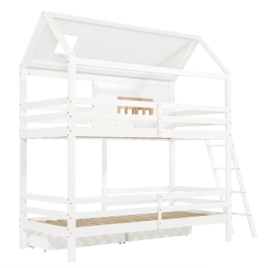 Letto a Castello 90x200 cm - con 2 Cassetti; Finestre e Tetto - Bianco Naturale