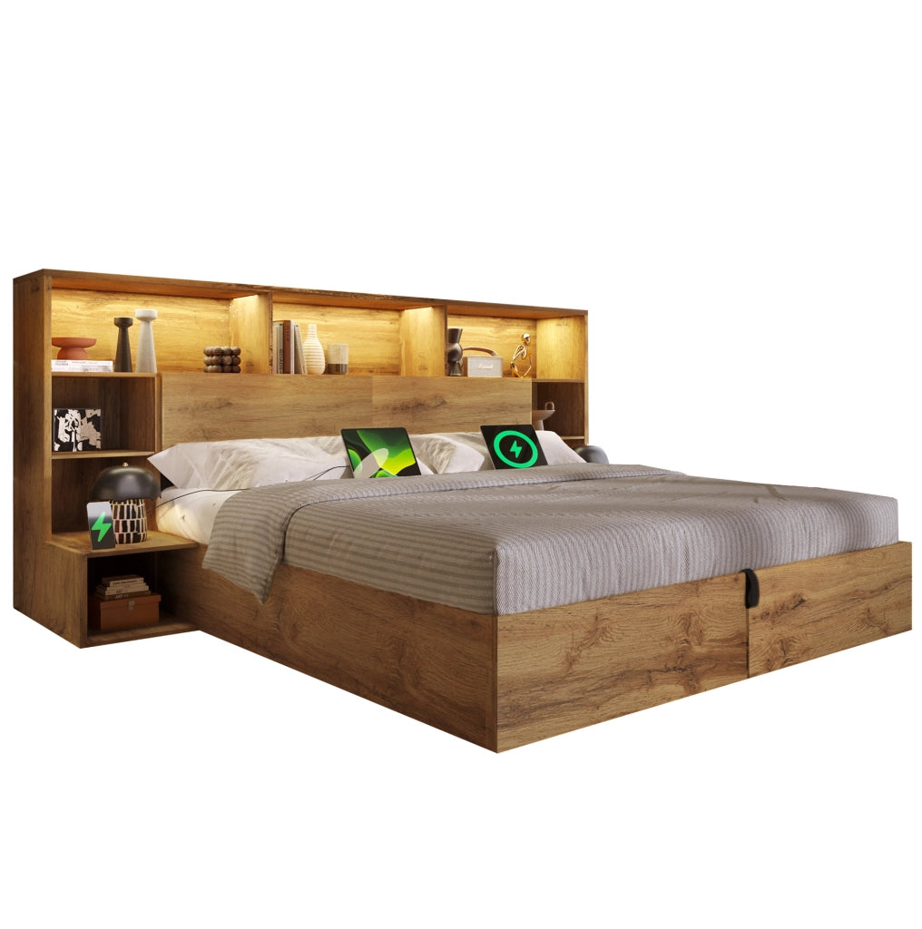 Letto matrimoniale 160x200 cm effetto rovere con contenitore; LED; USB e comodini integrati