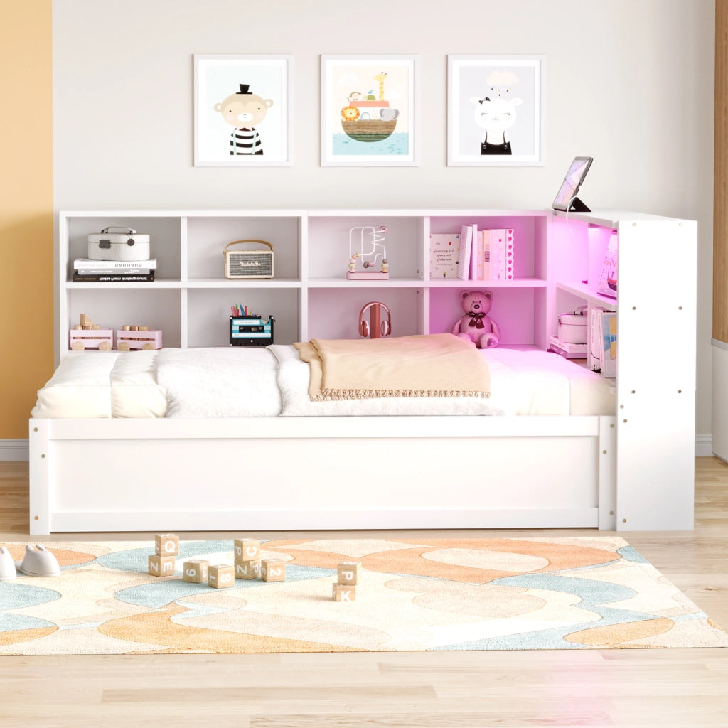 LETTO multifunzione 90x200 cm in legno massello bianco con LED e vani contenitore