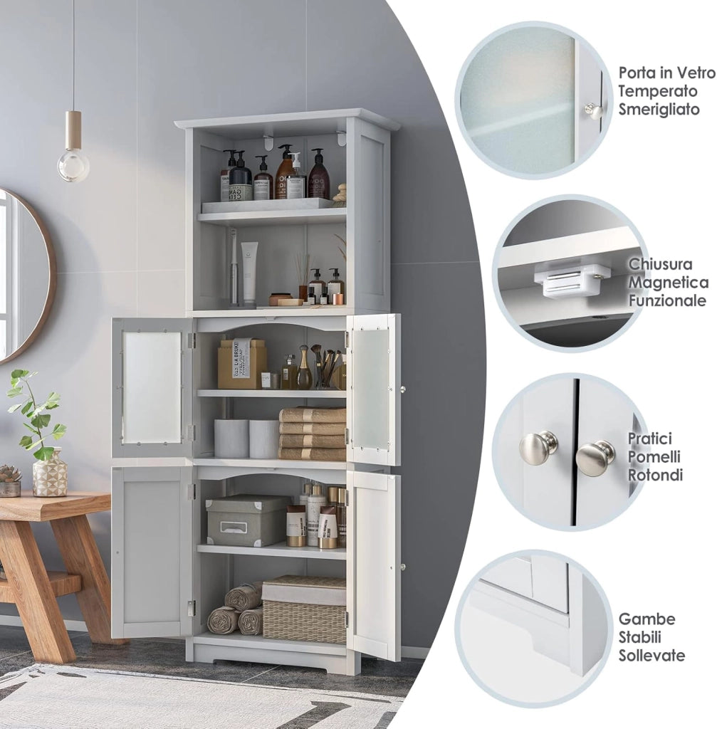 Armadio da Bagno, Mobiletto Alto da Terra con 2 Armadietti e Ripiani Regolabili, con Ante in Vetro, Mobile Portaoggetti Multiusi per Bagno Soggiorno, 60x30x163 cm (Bianco)