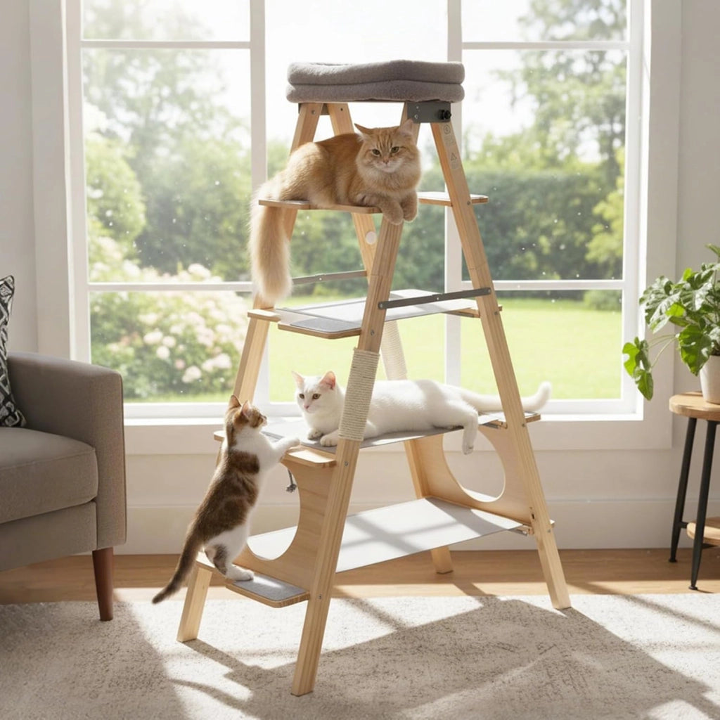 Albero per Gatti Alto 151cm, Tiragraffi per Gatti in Legno con Design a Scala, Cuscino Imbottito e Torretta Superiore, Palo Graffiatrice in Sisal, Mobile Salvaspazio per Gattini