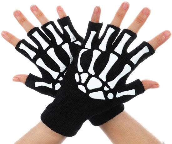 Manopole senza dita nera - Manopole scheletriche - Accessori Halloween - Unisex - Respiranti - Polyester - Manopole senza dita