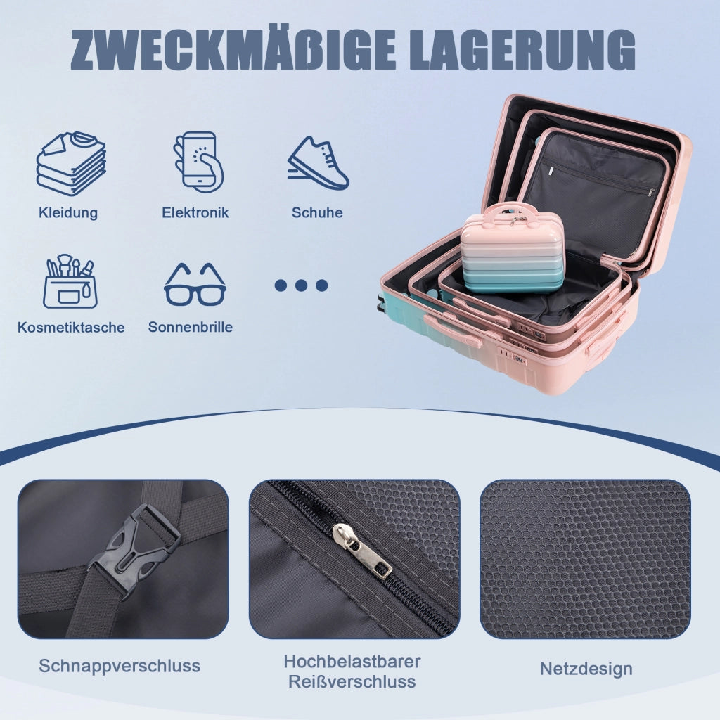 Carrello pieghevole set da viaggio con 4 valigie, ruote girevoli e lucchetto a combinazione, pc rosa, 50.0 × 29.5 × 77.5 cm