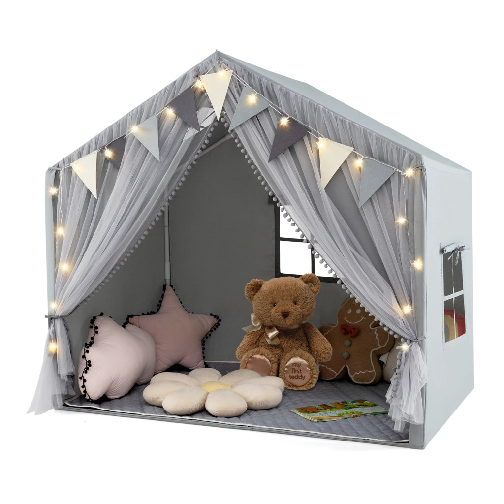 Tenda da gioco per bambini con tende in tessuto e rete luci a stella materassino in cotone-Grande casa da gioco Grigio