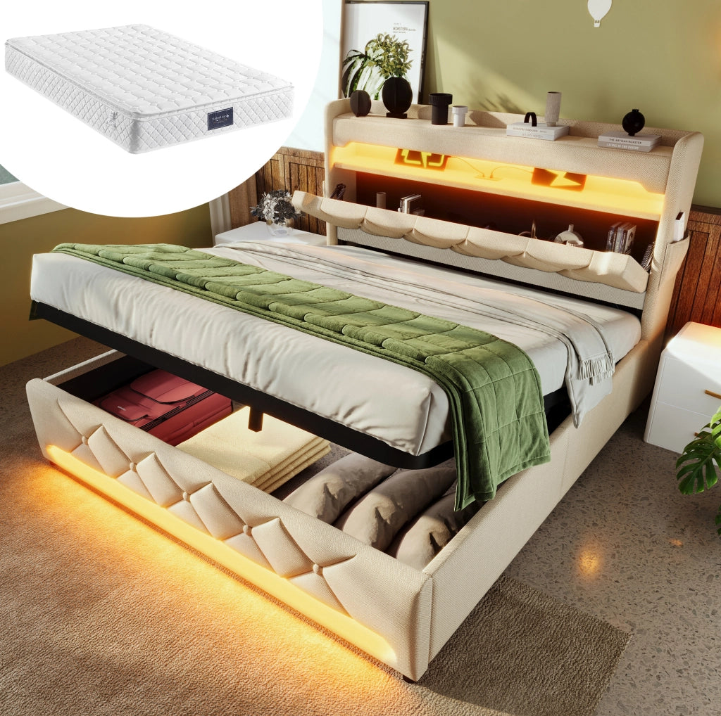 Letto imbottito 140x200 cm con contenitore; LED; USB e Type-C; lino beige