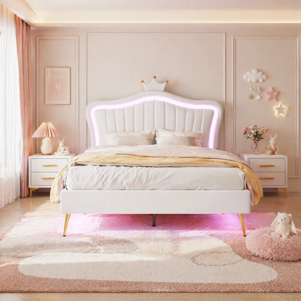 Letto per bambini imbottito 140x200 cm con LED; testiera a conchiglia con corona; bianco