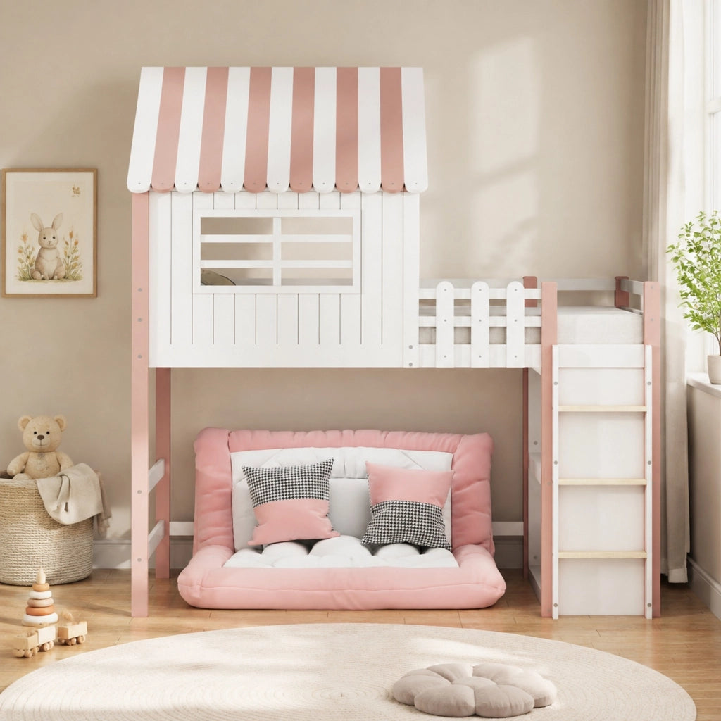 Letto per bambini a casetta 90x200 cm in legno massello; rosa; con scala di sicurezza