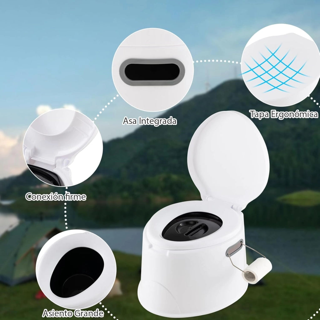 WC Portatile 5L, 49 X 41 X 34 CM, Toilette con Coperchio Anti-Odore, Secchio Interno Rimovibile, Portarotolo per Carta Igienica, Carico 200 kg, per Campeggio, Viaggi, Escursioni
