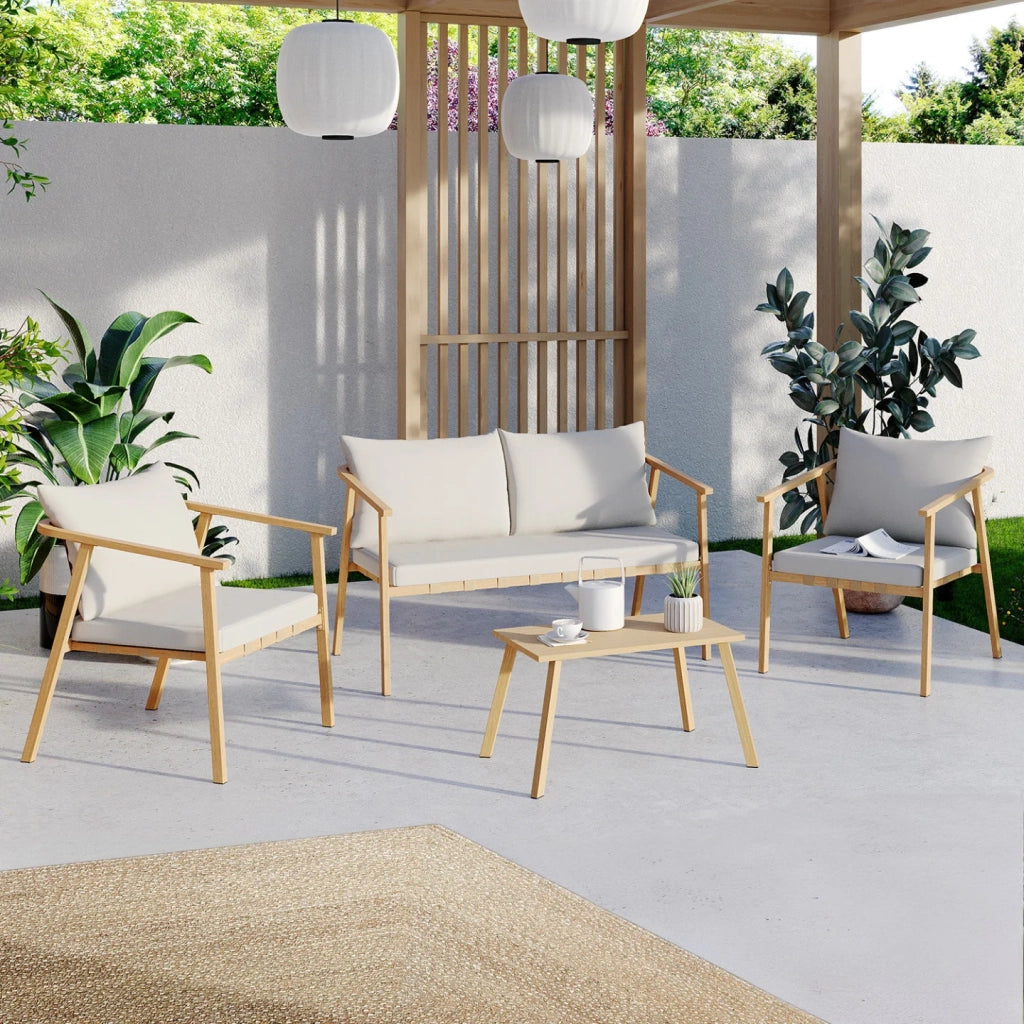IDMarket - Set di mobili da giardino bassi MALTA, 4 posti, struttura in metallo effetto legno, strisce e cuscini beige