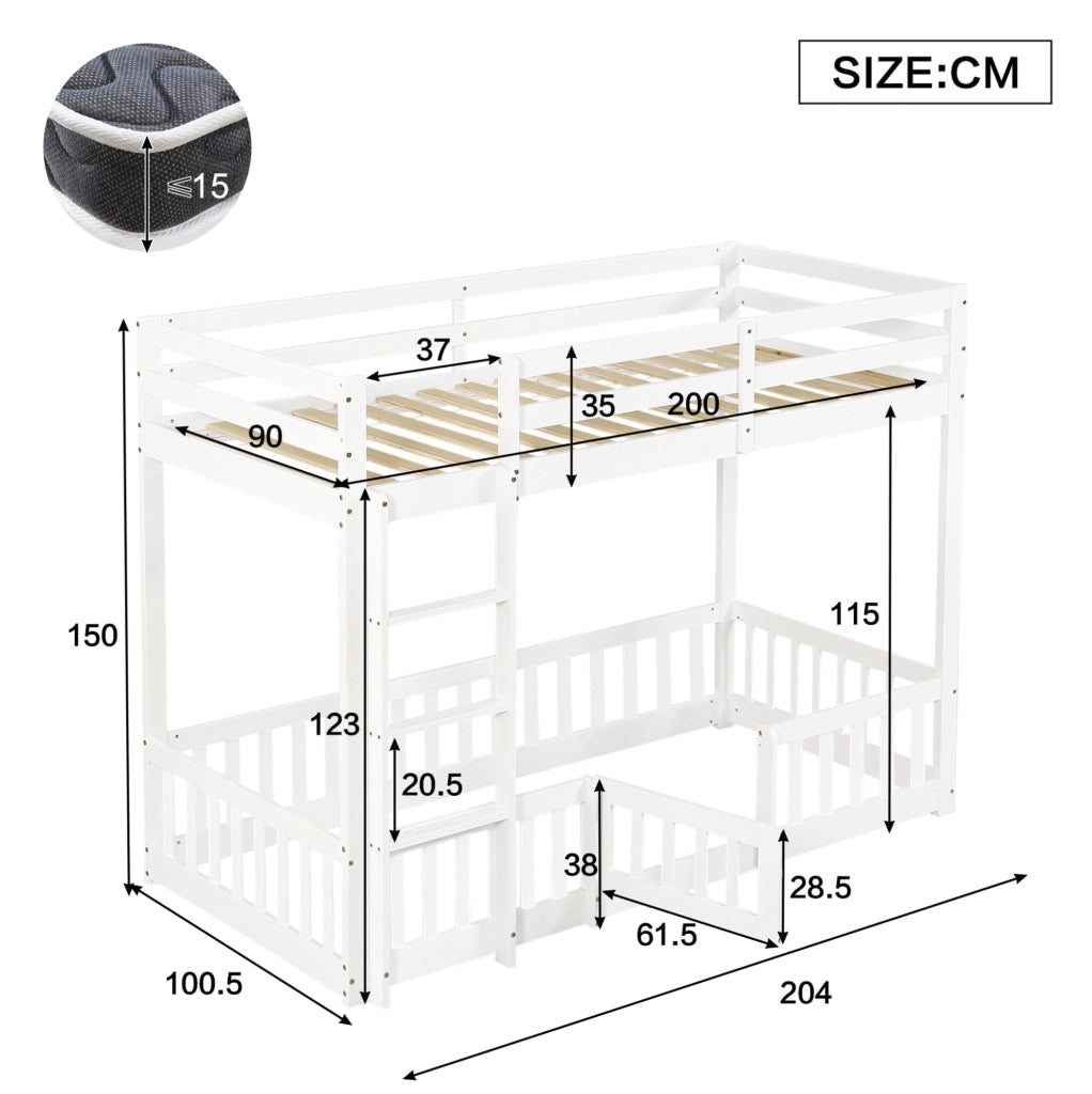 Letto a castello 90x200 cm con scala ad angolo e spazio inferiore libero in legno bianco