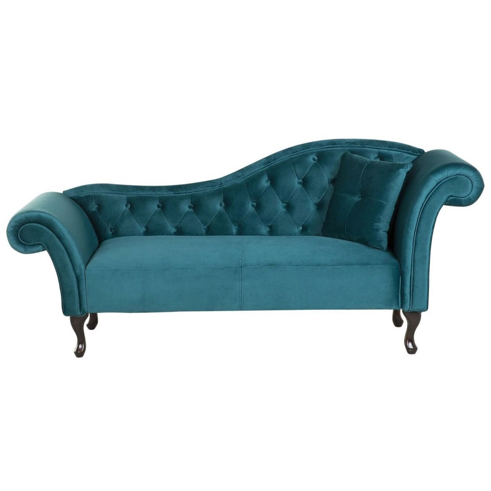 Chaise longue velluto verde acqua bottone trapuntato tappezzeria braccio arrotolato versione destra con cuscino