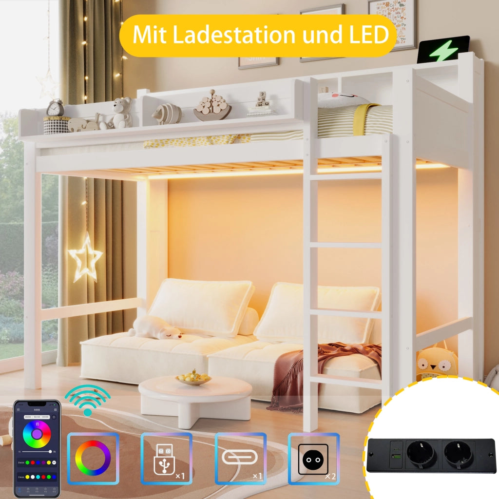 Letto a soppalco 90x200 in legno bianco con armadietti e presa USB