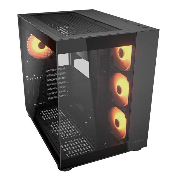 COUGAR FV150 RGB è un case PC nero per gaming compatibile con Mini-ITX, Micro-ATX e ATX. Offre illuminazione ARGB, supporto per 10 ventole e GPU fino a 400 mm. Design elegante e raffreddamento avanzato.