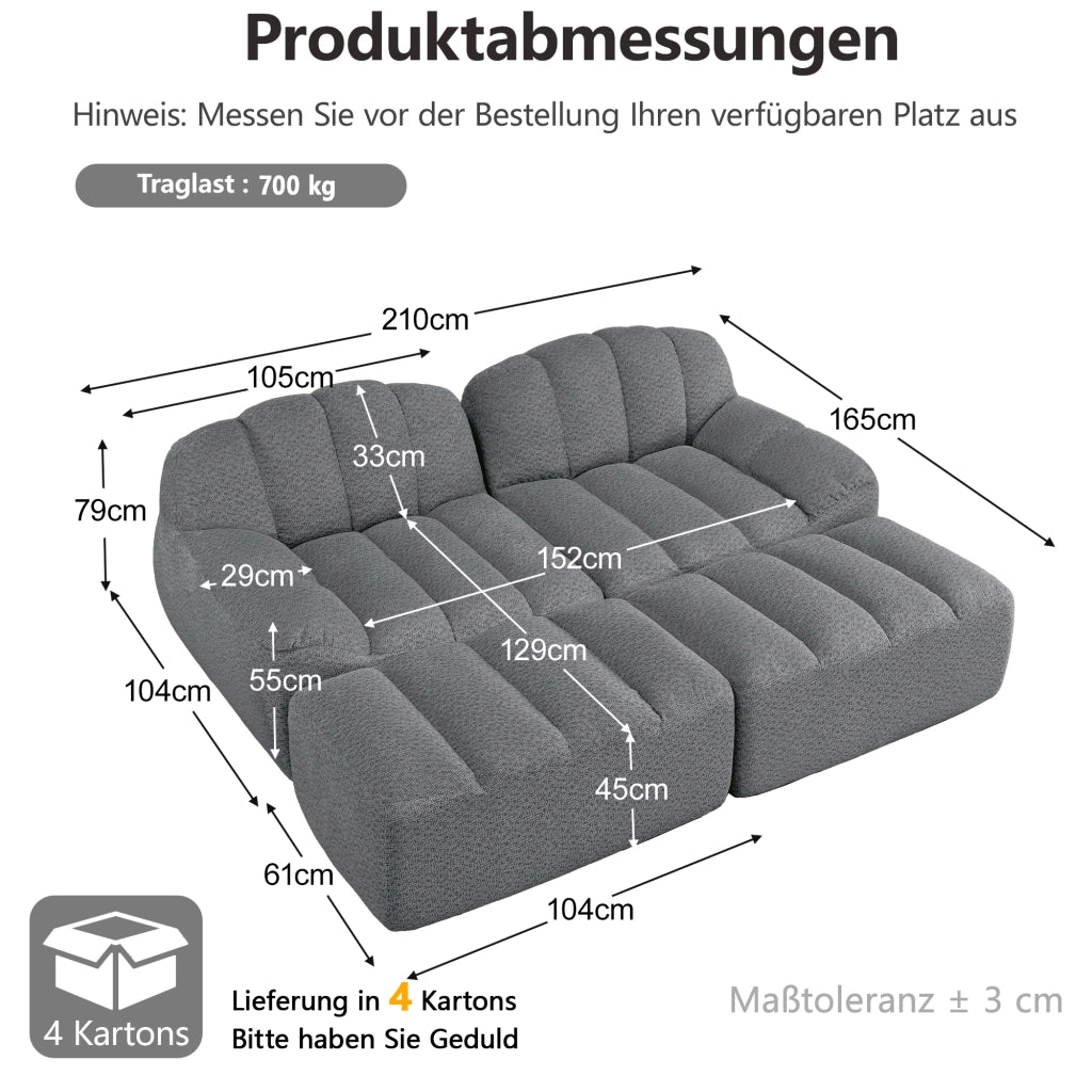 Divano modulare a 2 posti con 2 ottomani in pile granulato grigio antiscivolo 210 × 165 × 79 cm