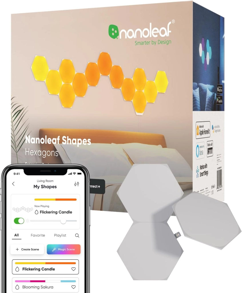 Shapes Hexagon Starter Kit, 9 Esagoni Luminosi LED RGBW Smart, Applique da Parete Interno Modulari, Luci Led 16M Colori WiFi, Funziona con Alexa, Sincronia Musica e Monitor, Deco e Gaming