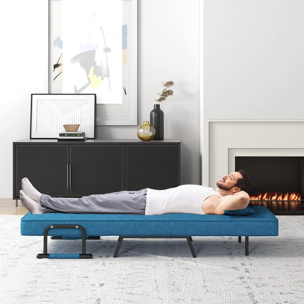 Poltrona Letto, 4 in 1 Poltroncina Pieghevole con Schienale Regolabile in 6 Posizioni, Sedile Imbottito Robusto, Divano Letto Singolo per Casa Ufficio, 79x65x79 cm (Blu)