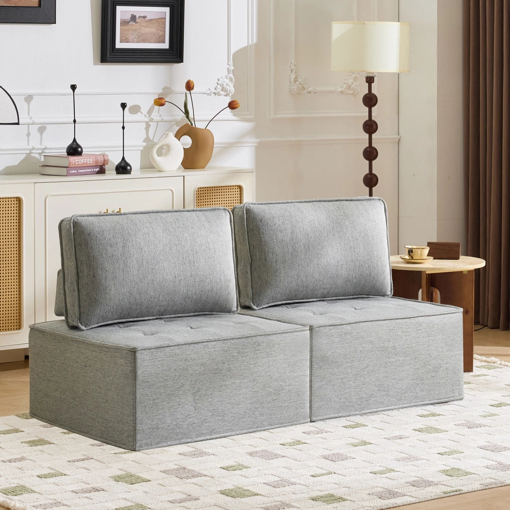 Divano modulare compatto per piccoli spazi con seduta ergonomica e comfort morbido in lino e compensato grigio chiaro