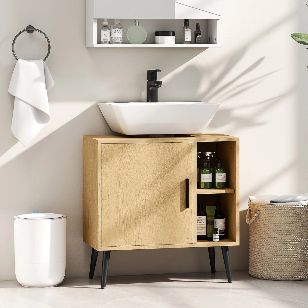 Mobile Sottolavabo Bagno con Anta a Chiusura Progressiva e Ripiano Regolabile ¨C zephmum ¨C Rovere 60x30x59.5