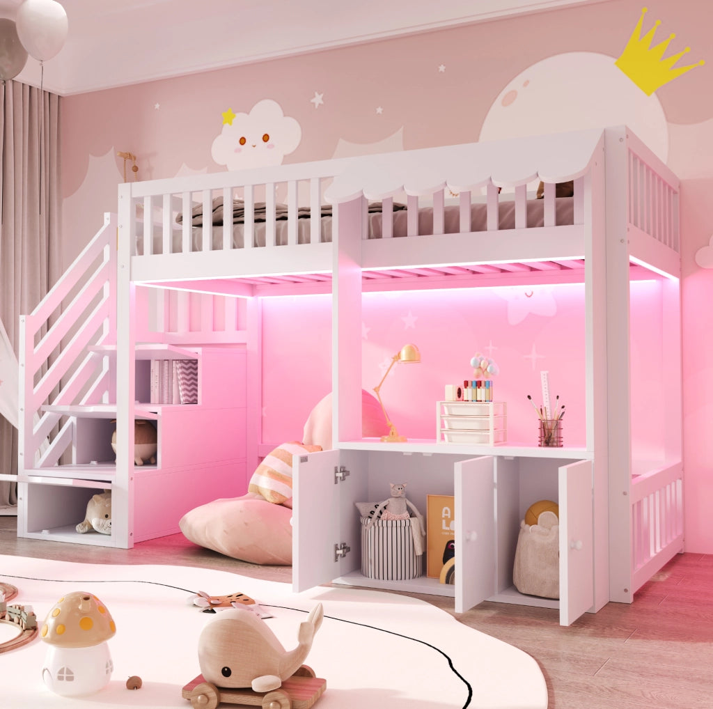 Letto a soppalco singolo 90x200 cm con scala contenitore; spazio di archiviazione e LED multicolore; bianco