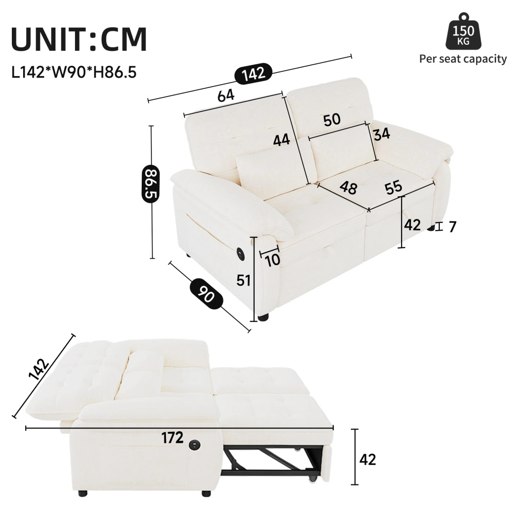 Divano letto 3 in 1 convertibile 142 cm in chenille beige con porta USB e Type-C