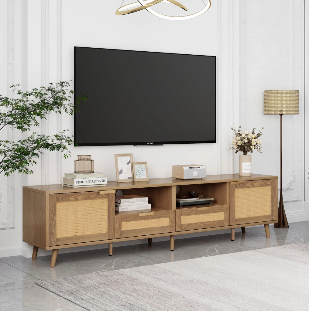 Mobile TV in rovere 200×37×49 cm con rattan sintetico e 2 cassetti
