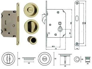 SERRATURA INFILARE PER PORTE SCORREVOLI B. TONDO ORO LUCIDO  mm.50 frontale con incontro oro luc. (E0262N51)    TELESE