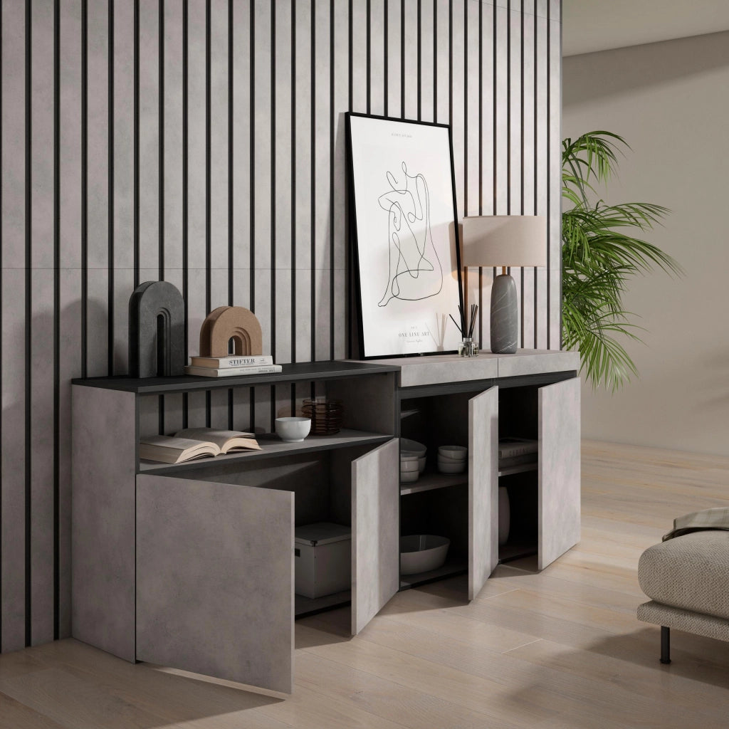 Credenza, Mobile, 200x35x75cm, 4 Porte, grande stoccaggio, grigio cemento RF2367