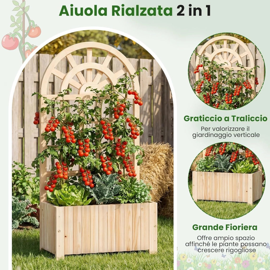 Letto da Giardino Rialzato in Legno con Traliccio, Fioriera da Esterno con Spalliera e Fori di Drenaggio, Aiuola Elevata per Piante Rampicanti, Fiori e Verdure (Naturale,61 x 30 x 121 cm)