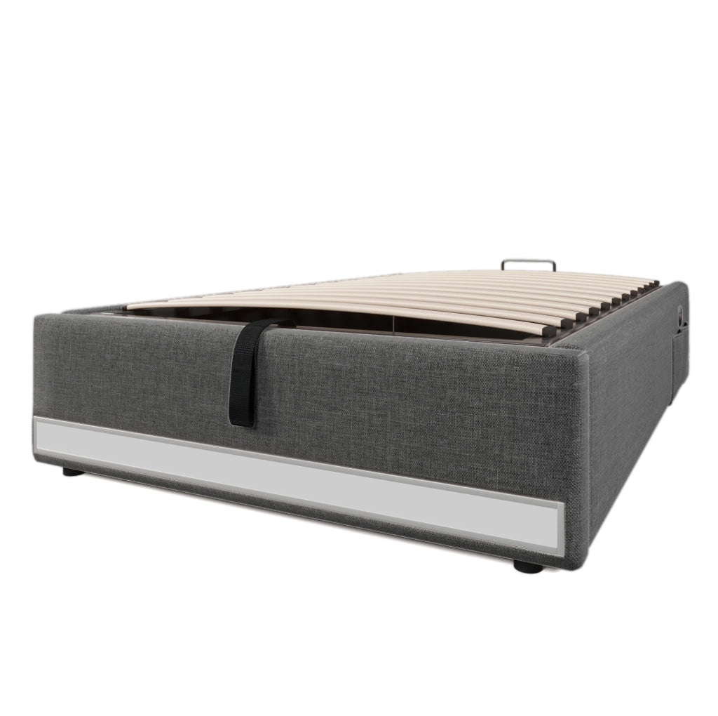 Letto imbottito 90x200 cm con USB; LED e contenitori laterali in lino grigio