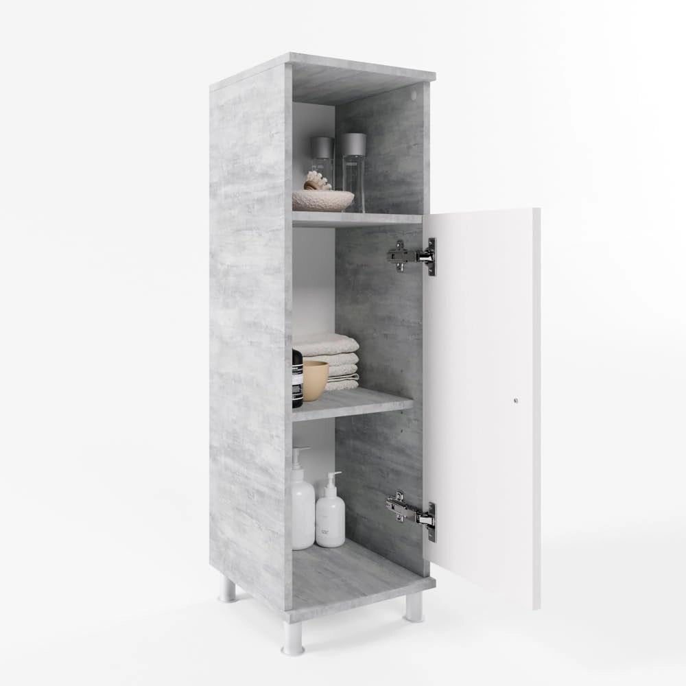 Mobile Midi Fynn, Calcestruzzo, 30 x 95 cm, per la conservazione di accessori da bagno e compatibile con Fynn