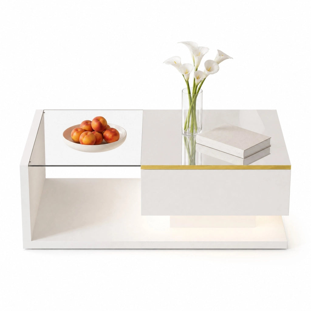 Tavolino da caffè 90x50 cm bianco lucido con vetro temperato e LED 16 colori