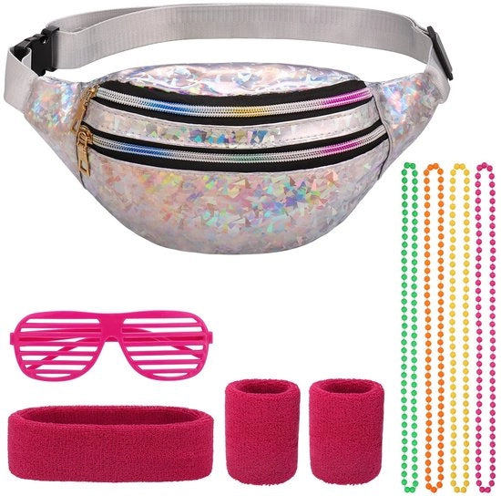 Costumi da Bagno anni '80 - Set 9 pezzi Accessori - Visiera 30x14 cm - Cintura 17x5,5 cm - Occhiali 15x5 cm - Abbigliamento da Festa Retro