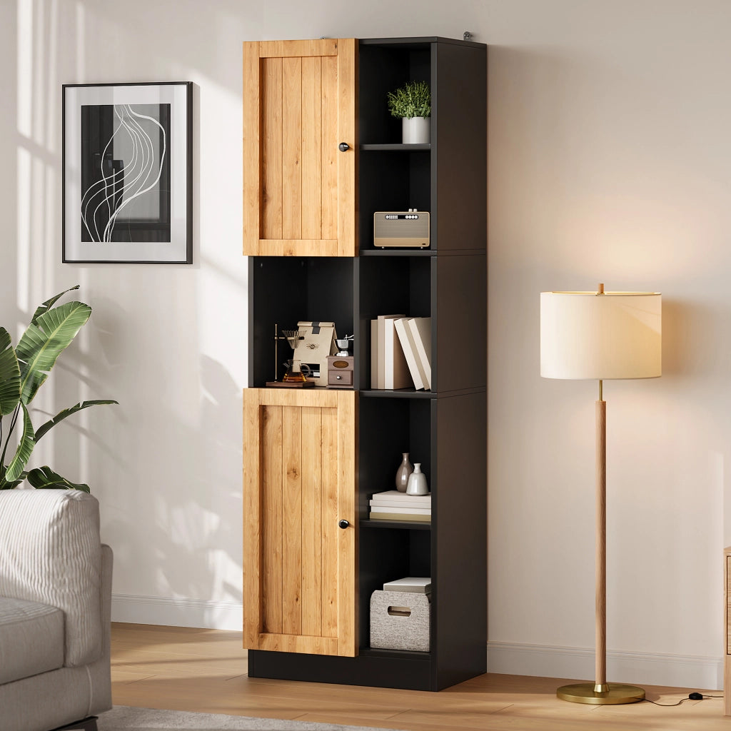 Armadio angolare alto da cucina con 6 ripiani aperti, 2 ante e ripiani regolabili 50x35,5x170 cm nero/naturale