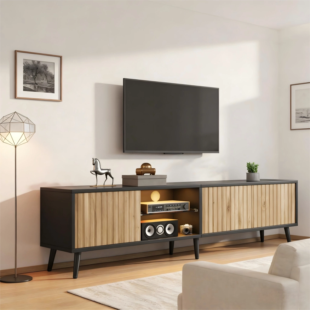 Cassettiera TV in truciolato naturale e nero 175 cm