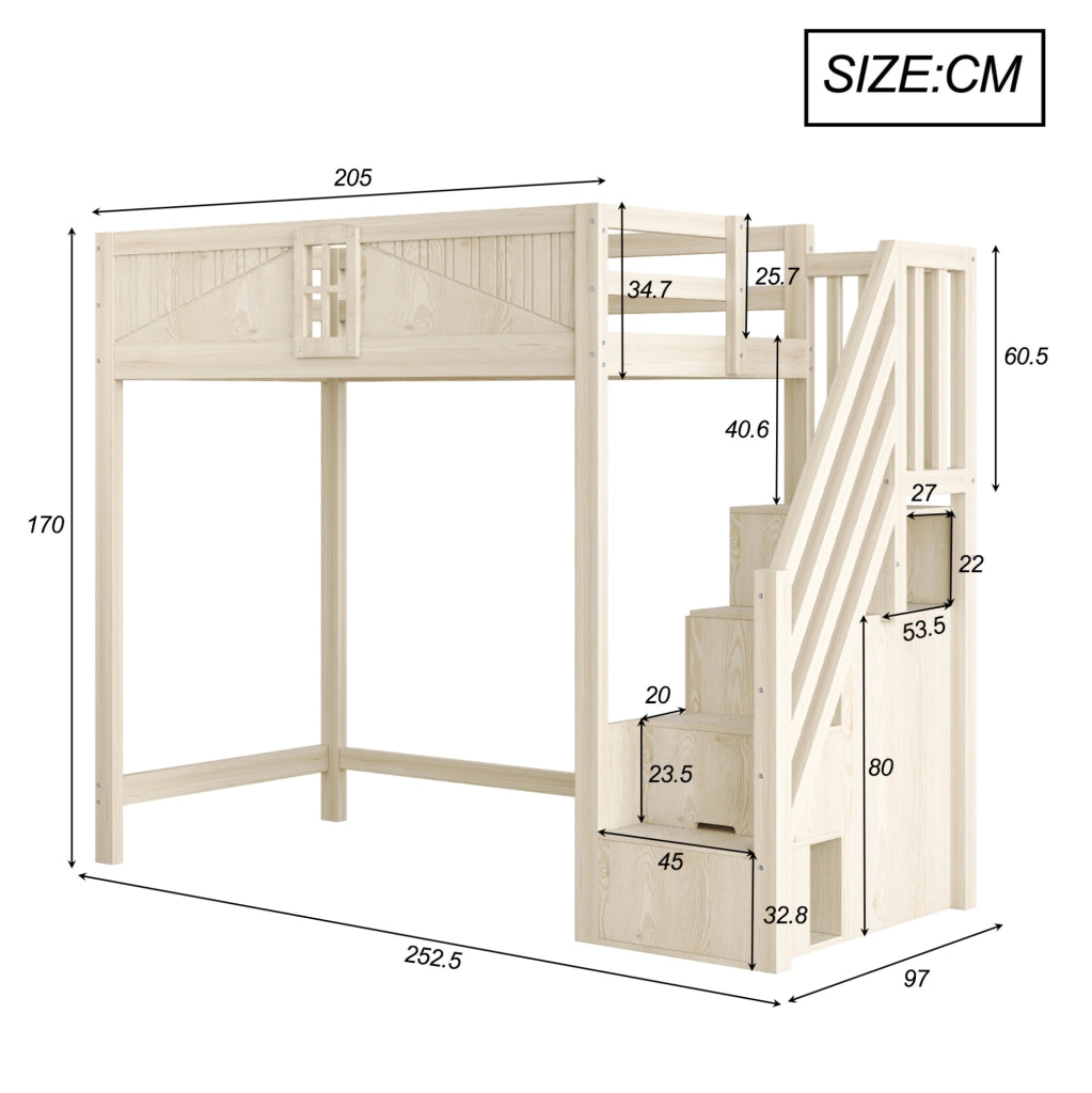 Letto a soppalco 90x200 cm in legno massello con scala reversibile e vano laterale