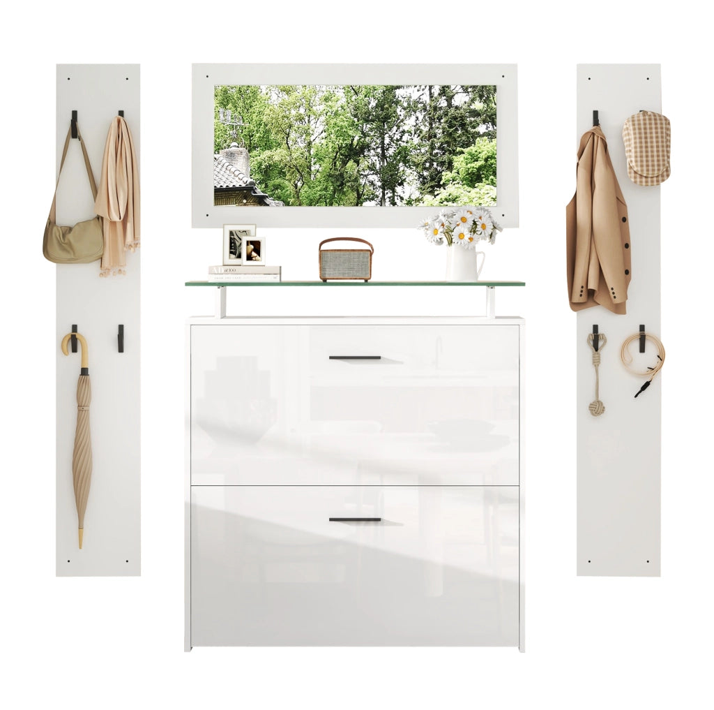 Set ingresso 4 pezzi con specchio e scarpiera 89;5x23x96;5 cm; bianco opaco e vetro