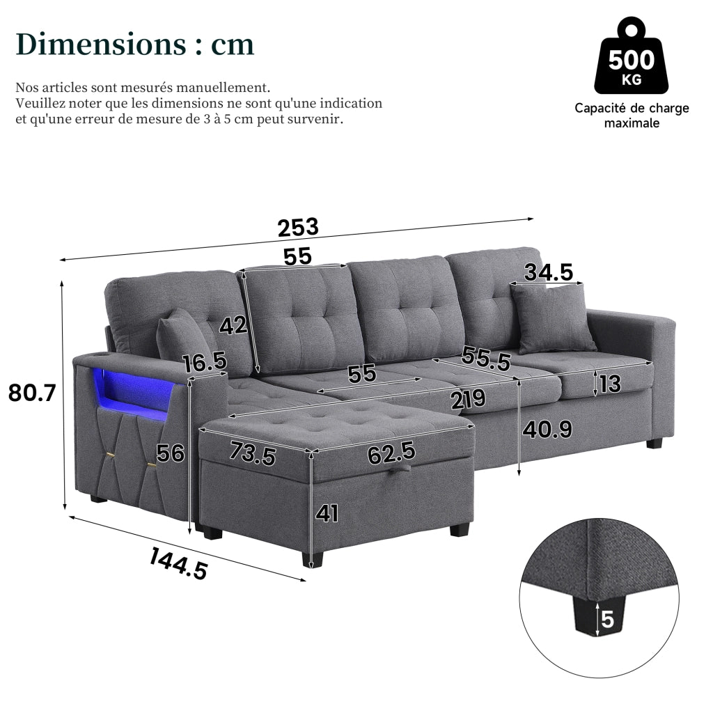 Divano angolare modulare 4 posti con pouf contenitore, LED e porte USB e Type-C in lino grigio antico