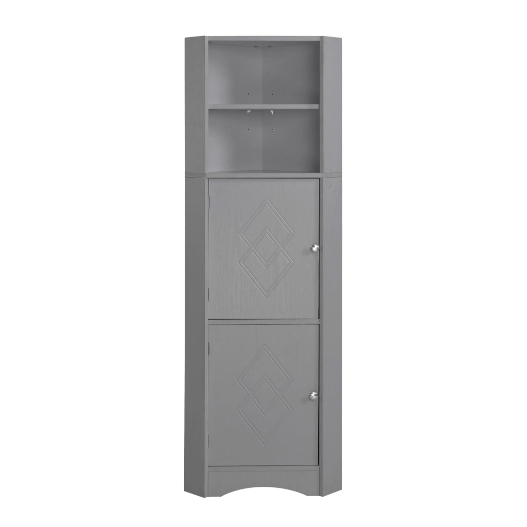 Armadietto da bagno angolare con ripiano regolabile e vani aperti, per bagno, in truciolare, grigio, 36.5 × 36.5 × 155 cm