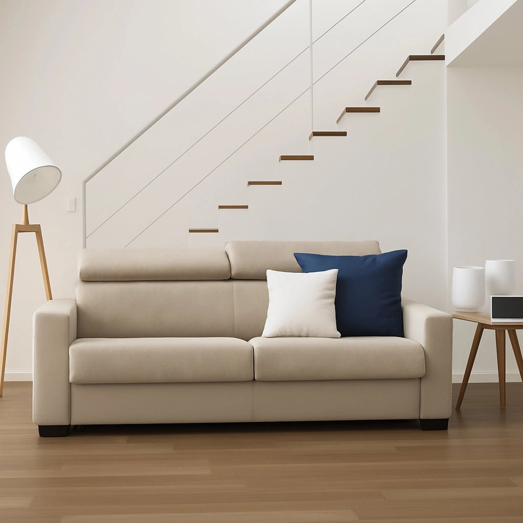 Divano Letto Algo, Divano a 3 posti, Made in Italy, SofÒ  Soggiorno con apertura girevole, con poggiatesta regolabili e Braccioli slim, cm 200x95h85, Beige
