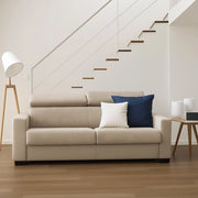 Divano Letto Algo, Divano a 3 posti, Made in Italy, SofÒ  Soggiorno con apertura girevole, con poggiatesta regolabili e Braccioli slim, cm 200x95h85, Beige