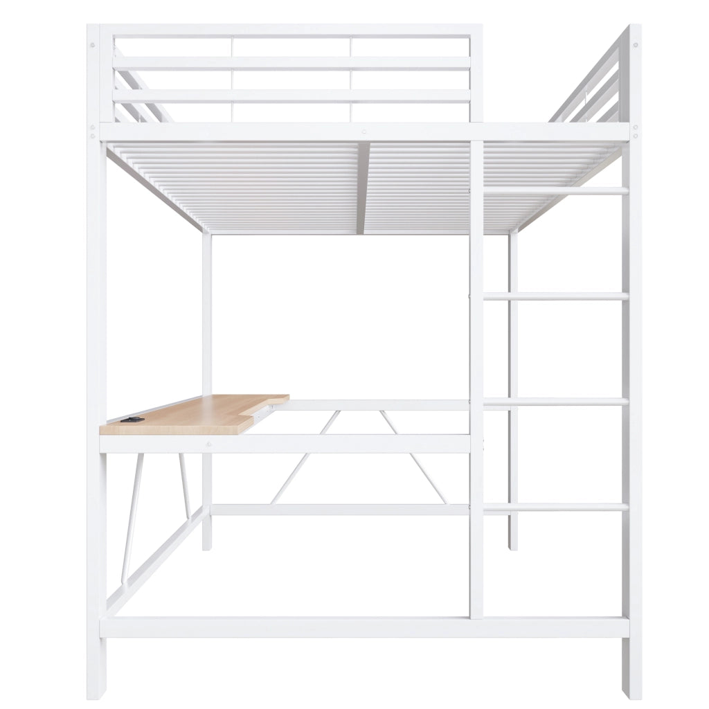 Letto a soppalco 140 × 200 cm con scrivania, LED e USB, senza materasso, metallo e MDF, bianco