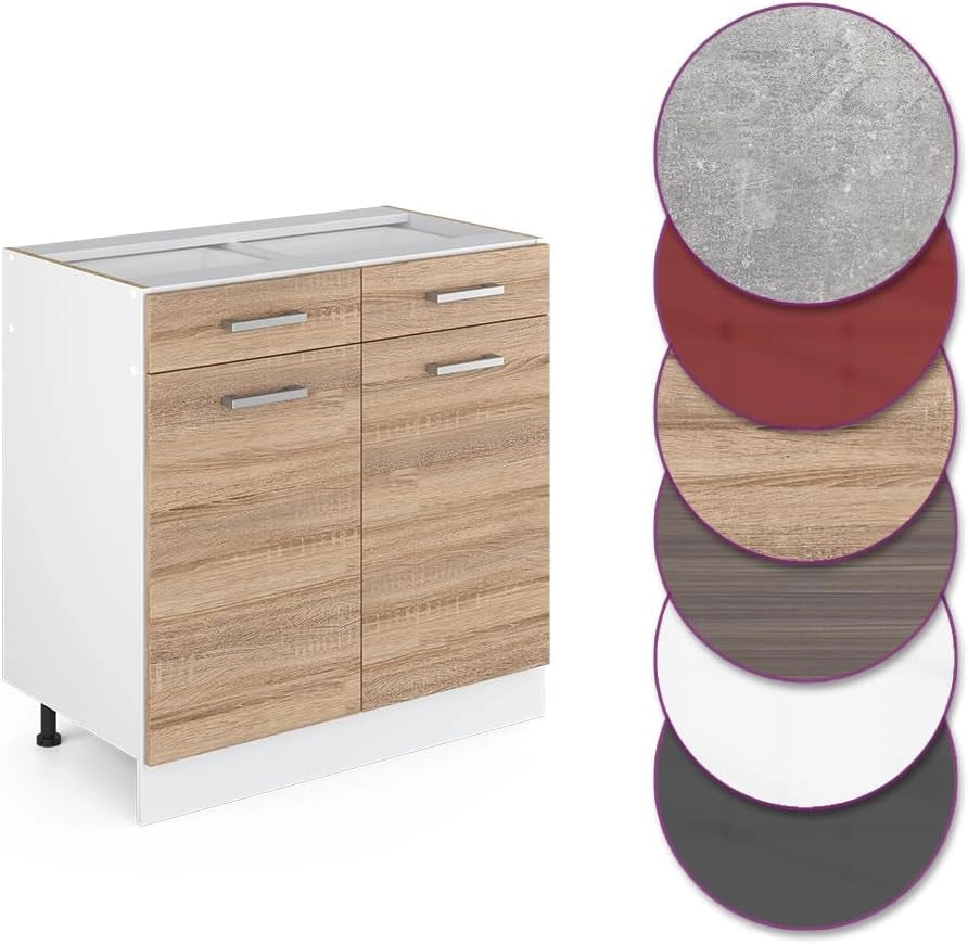 Mobiletto base per cucina R-Line, Sonoma, 80 cm senza piano di lavoro, per la libera combinazione all'interno di sistemi cucina modulari