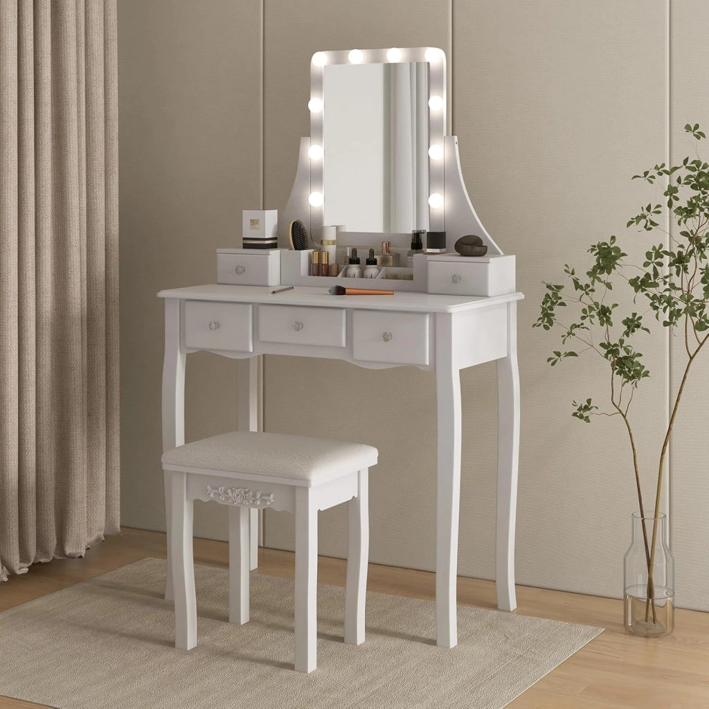 Tavolo da toeletta con specchio a LED e sgabello, specchio e luci a 3 colori, luminosità regolabile, gambe in legno massello, 5 cassetti di stoccaggio