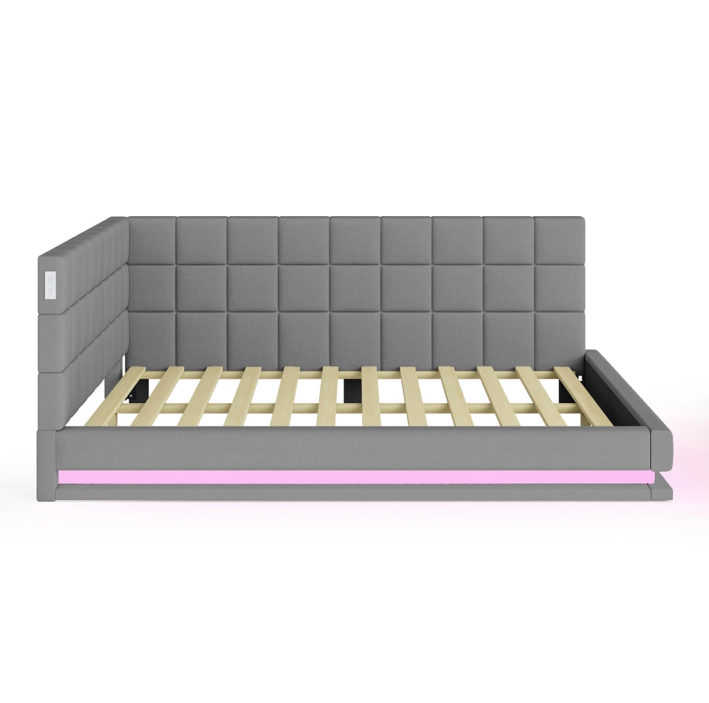 Divano letto 160x200 cm con LED e USB in lino grigio